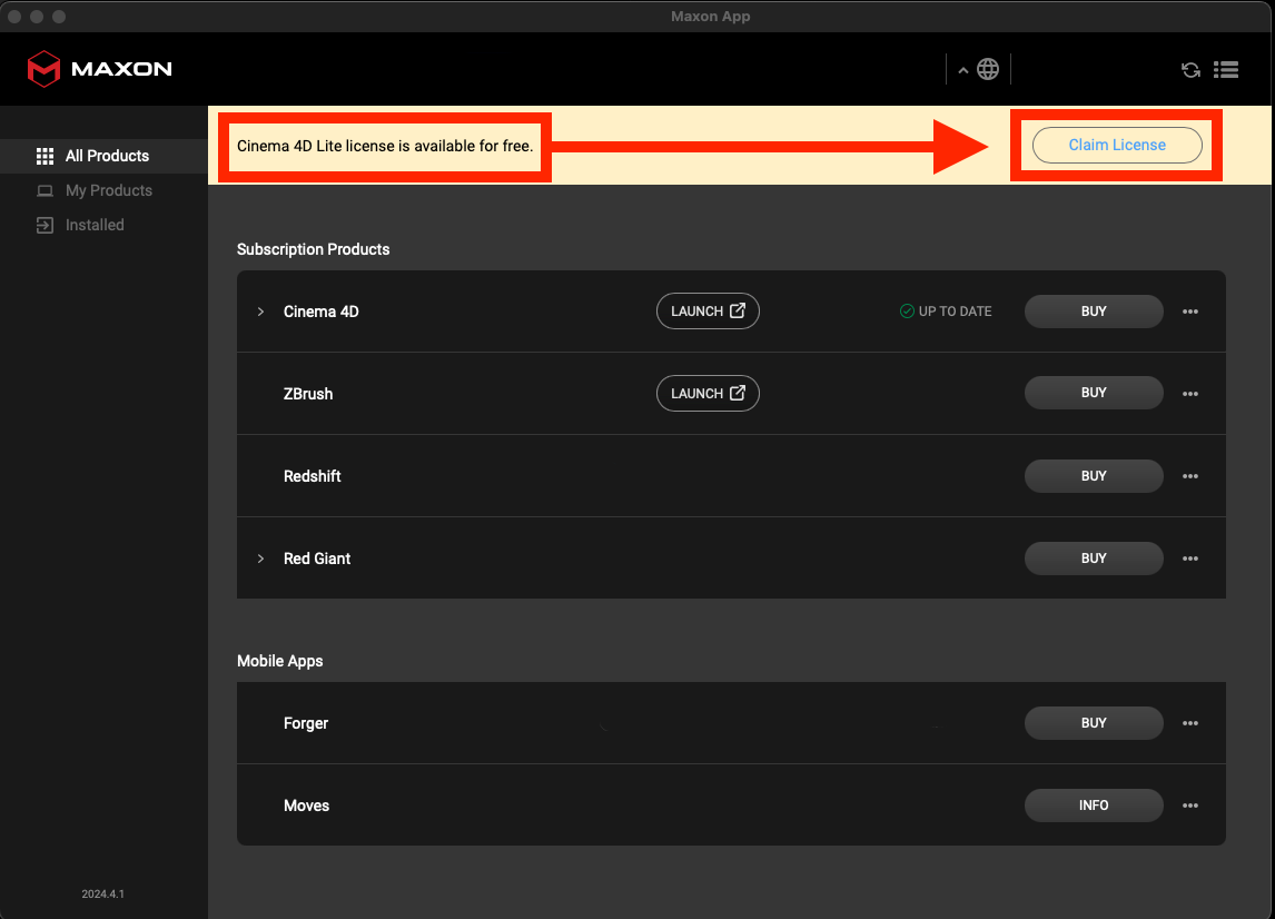 How do I launch Cinema 4D Lite for the first time and claim my free C4D