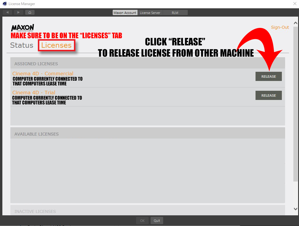 How do I release the license on one machine so I can use it on the