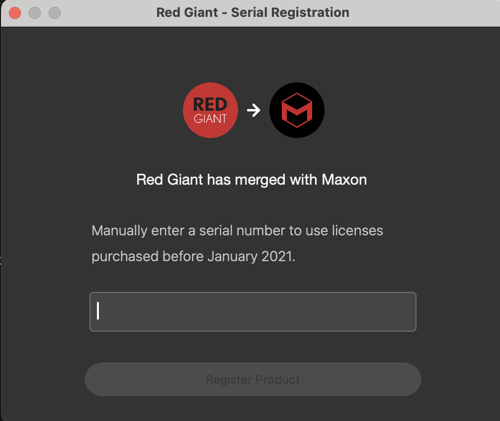 Red Giant 旧製品のシリアル番号を登録するにはどうすればよいですか