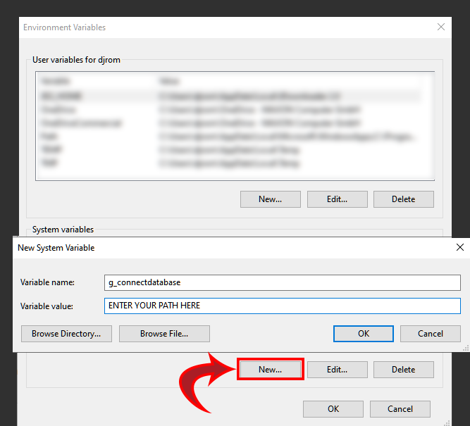 New System Variable dialog with g_connectdatabase entered