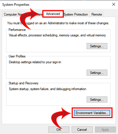 System Properties Advanced tab with Environment Variables button
