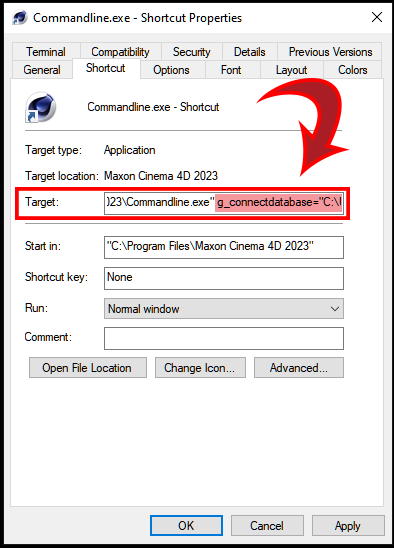 Target line with g_connectdatabase appended