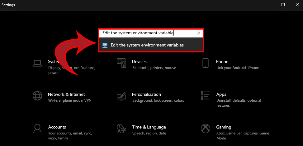 Searching for Edit the system environment variables in Windows Settings