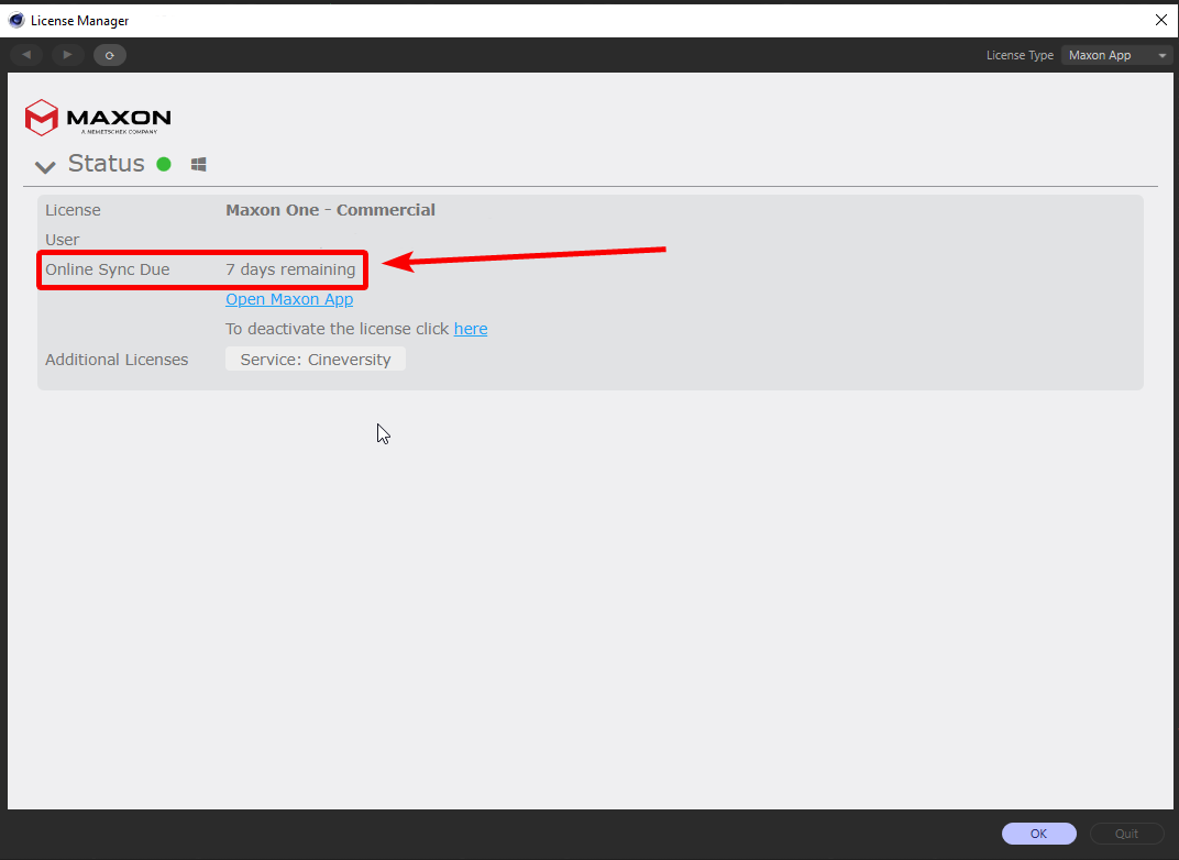 The Cinema 4D License Manager, showing the Online Sync due message