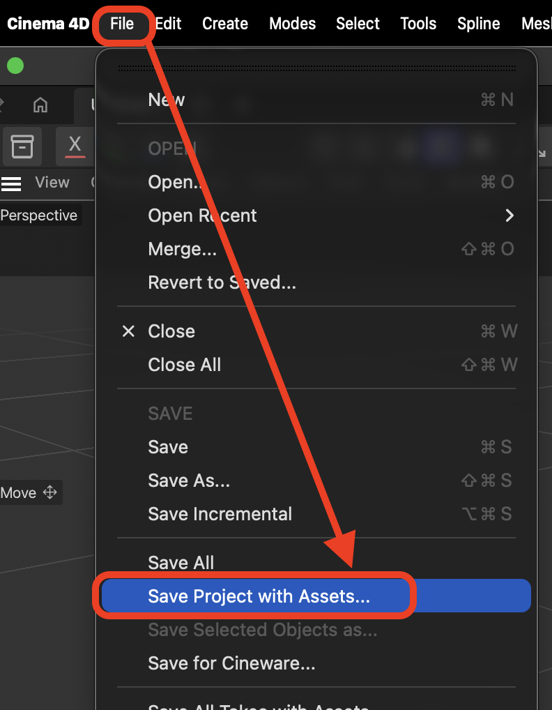Save Project with Assets command in Cinema 4D